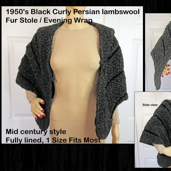 1950's Black Curly Persian lambswool Fur Stole / Dressy Wrap, Mid century style - Picture 12 of 12